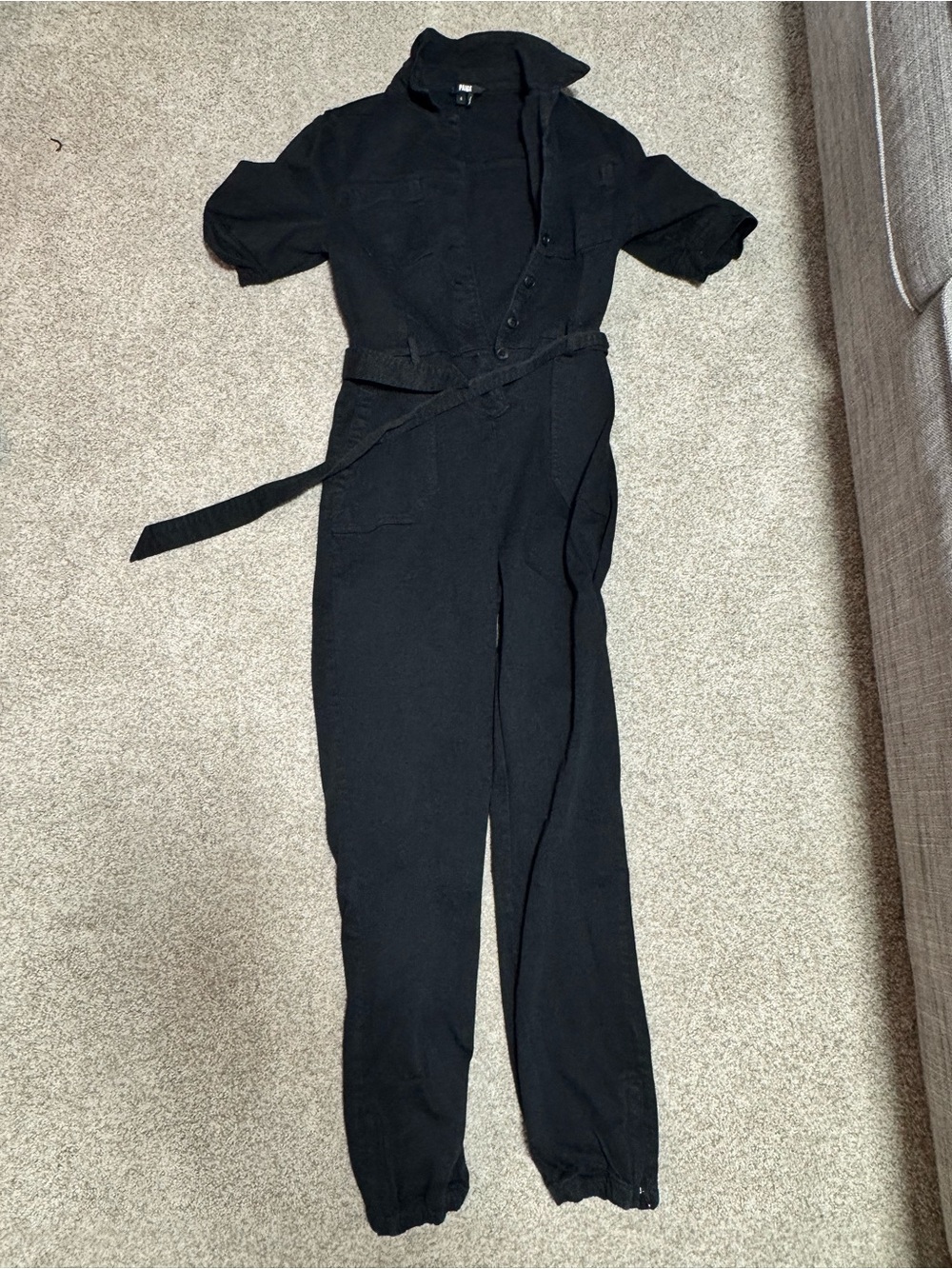PAIGE Black Short-Sleeve Utility Jumpsuit with Tie Waist